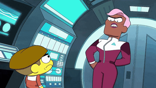 two cartoon characters are standing next to each other and one has a triangle on her chest
