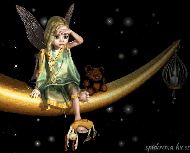 a little fairy is sitting on a crescent moon with a teddy bear