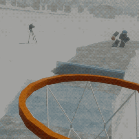a basketball with a hoop around it and a person behind it