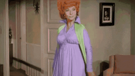 a woman is standing in a living room wearing a purple dress and a green vest .