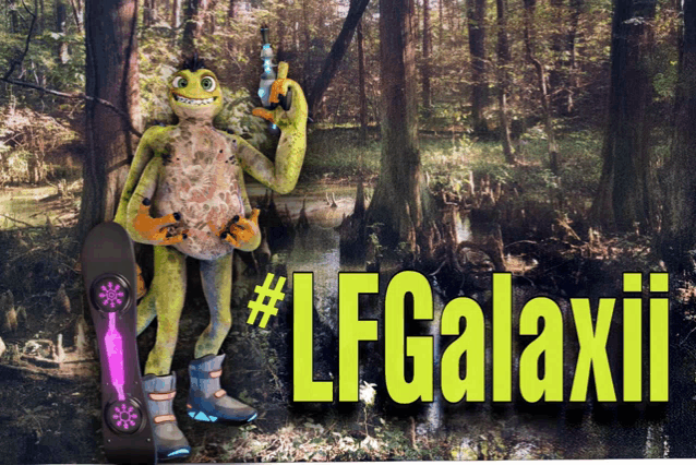 a picture of a lizard holding a bottle and a skateboard with the words #lf galaxii on the bottom