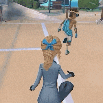 a woman with a blue bow in her hair is standing next to a man in a blue robe