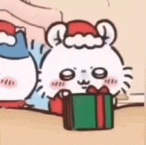 a cartoon of a rabbit wearing a santa hat and holding a gift box .