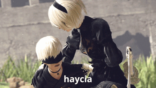 a couple of anime characters with the word haycia on the bottom right