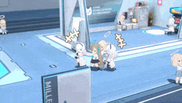 a group of anime characters are standing in a room with a sign that says mille