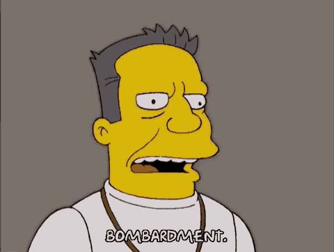 a cartoon character with his mouth open and the word bombardment above him
