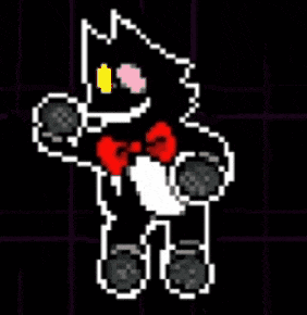 a pixel art of a black and white cat wearing a red bow tie and sunglasses .