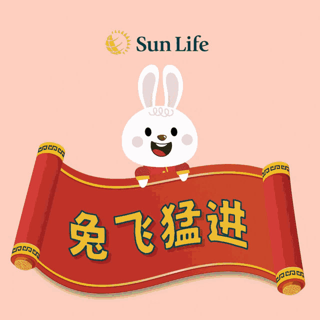 a cartoon rabbit is holding a scroll that says sun life on the bottom
