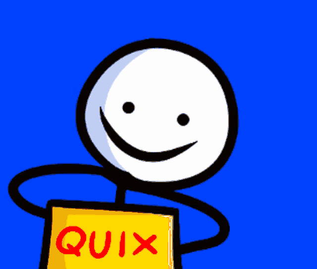 a stick figure is smiling and holding a yellow quix card