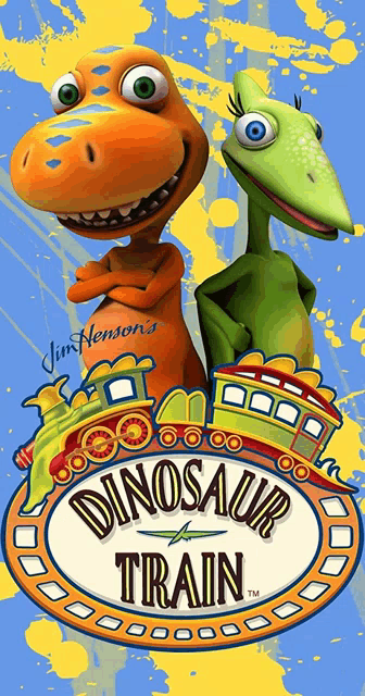 a poster for jim henson 's dinosaur train with two dinosaurs on it
