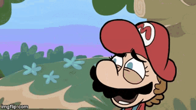 a cartoon of mario wearing a red hat with a white letter m on it
