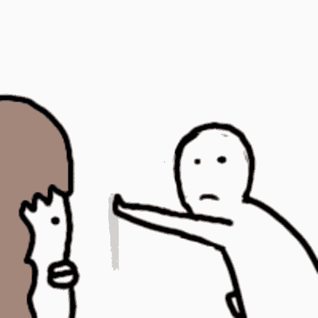 a cartoon of two people standing next to each other . one of the people is pointing at the other .