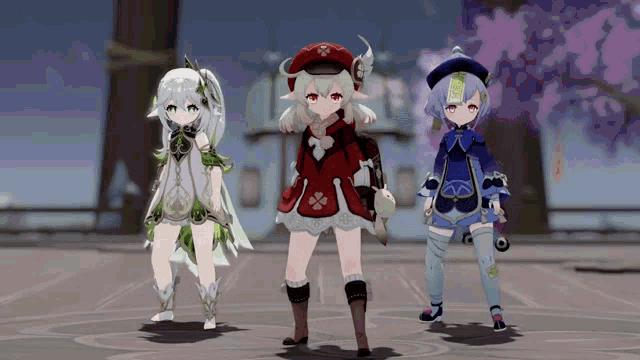 three anime characters are standing next to each other with one wearing a red hat