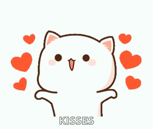 a cartoon cat is surrounded by hearts and the words kisses