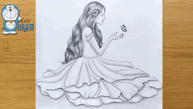 how to draw a girl in a dress with a butterfly step by step - photo #