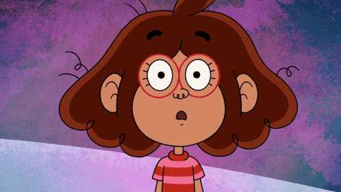 a cartoon girl wearing glasses and a striped shirt looks surprised