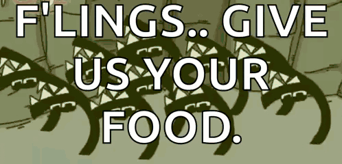 a cartoon of a group of sharks with the words " flings give us your food " above them