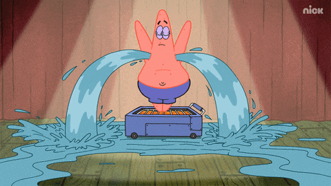 patrick star from spongebob is standing in a puddle of water