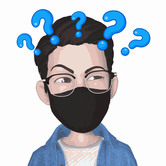 a cartoon character wearing a mask and glasses has question marks on his head