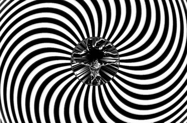 a black and white optical illusion with a man in the middle