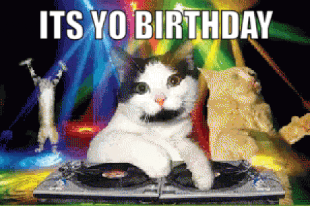 a black and white cat sitting on a turntable with the words its yo birthday written above it