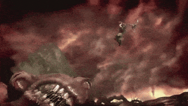a painting of a man flying through the air with a sword in his hand