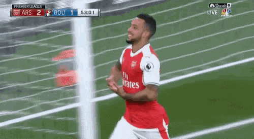 a soccer player wearing a fly emirates jersey is celebrating a goal .