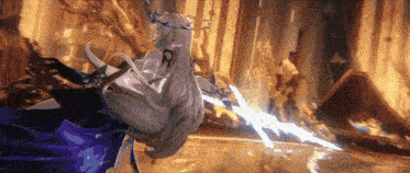 a woman with long white hair is holding a sword in a dark room .