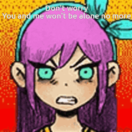 a cartoon of a girl with purple hair and green eyes is angry and says do n't worry