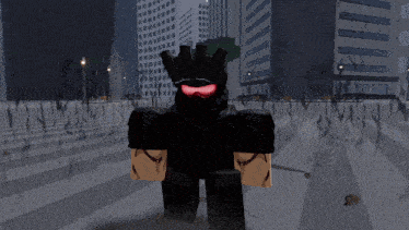 a cartoon character with a red eye is standing in front of a city