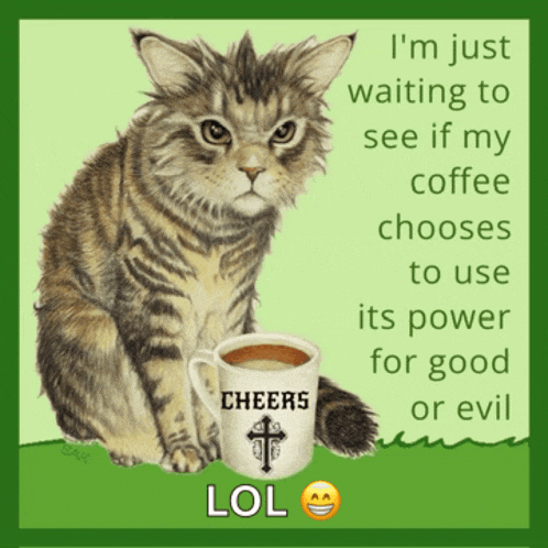 a cat sitting next to a cup of coffee that says cheers on it