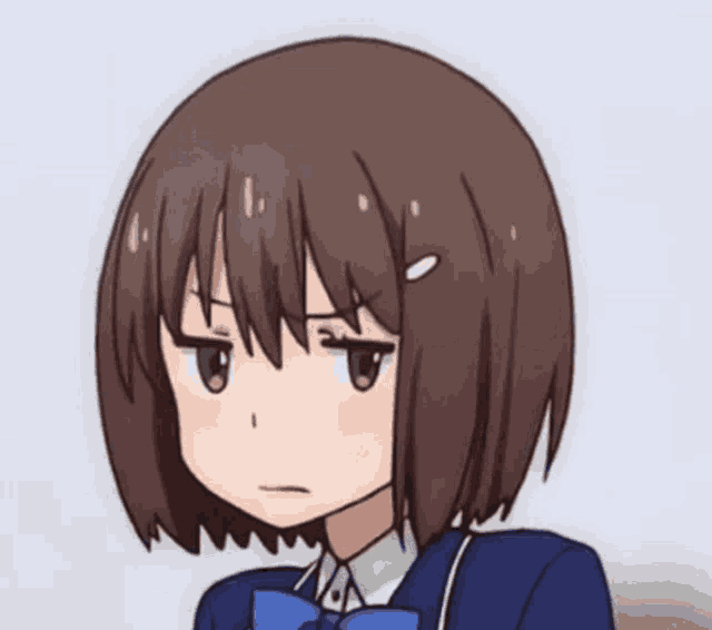 a cartoon girl with short brown hair and a bow tie