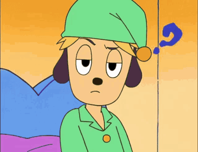 a cartoon dog wearing a green hat with a question mark above it