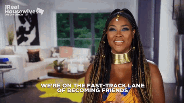 a woman says we 're on the fast-track lane of becoming friends in a living room