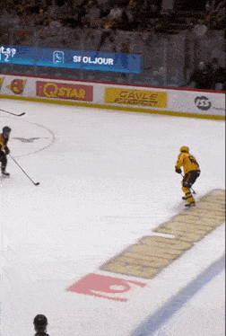 a hockey game is being played in front of a banner that says cayle farms