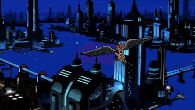 a cartoon character with wings is flying over a city