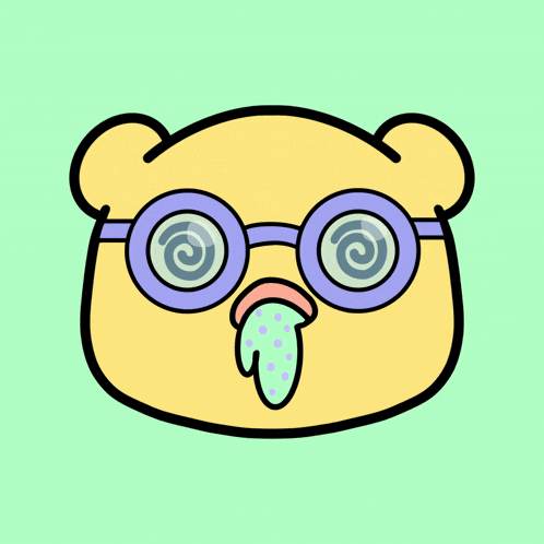 a cartoon drawing of a bear wearing glasses with a tongue sticking out