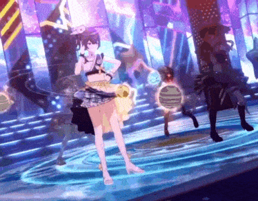 a girl in a bikini is dancing on a stage with other girls .