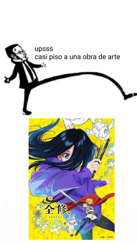 a man with a long leg is kicking a picture of a girl with a sword .