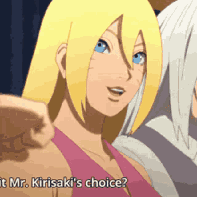 a cartoon girl with blonde hair and blue eyes is asking mr. kirisaki 's choice