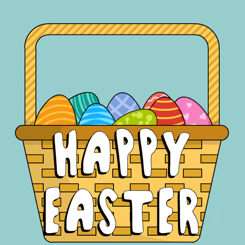 a basket of easter eggs with the words happy easter written on it