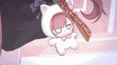 a stuffed animal with a hood and a sword that says npdx on it