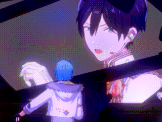 a couple of anime characters are standing next to each other in a room .
