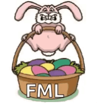 a cartoon bunny is holding a basket of easter eggs with the words fml written on it .