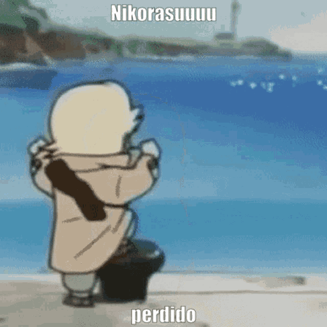 a cartoon character is standing in front of a body of water and says nikorasuuuu