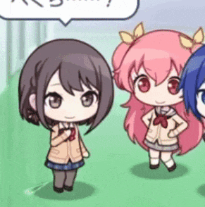 a group of anime girls standing next to each other with a speech bubble above them
