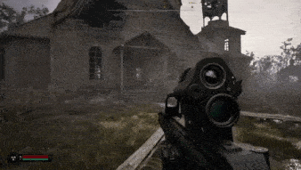 a person is holding a rifle in front of a destroyed church in a video game .