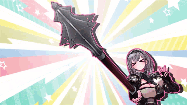 a girl holding a large sword in front of a colorful background with stars