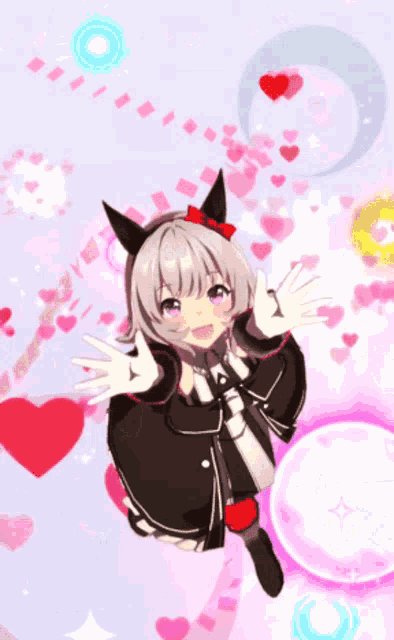 a cartoon character with a red bow on her head is surrounded by hearts
