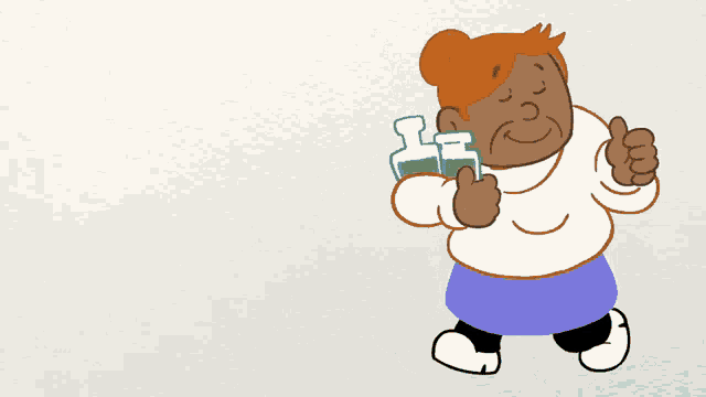 a cartoon character is giving a thumbs up while holding two bottles of liquid